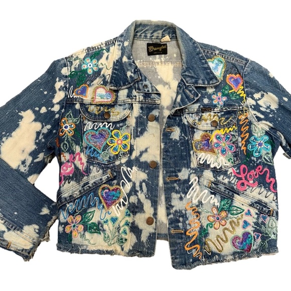 Wrangler denim jacket reworked painted bleached western cropped cut off jean - Picture 1 of 13